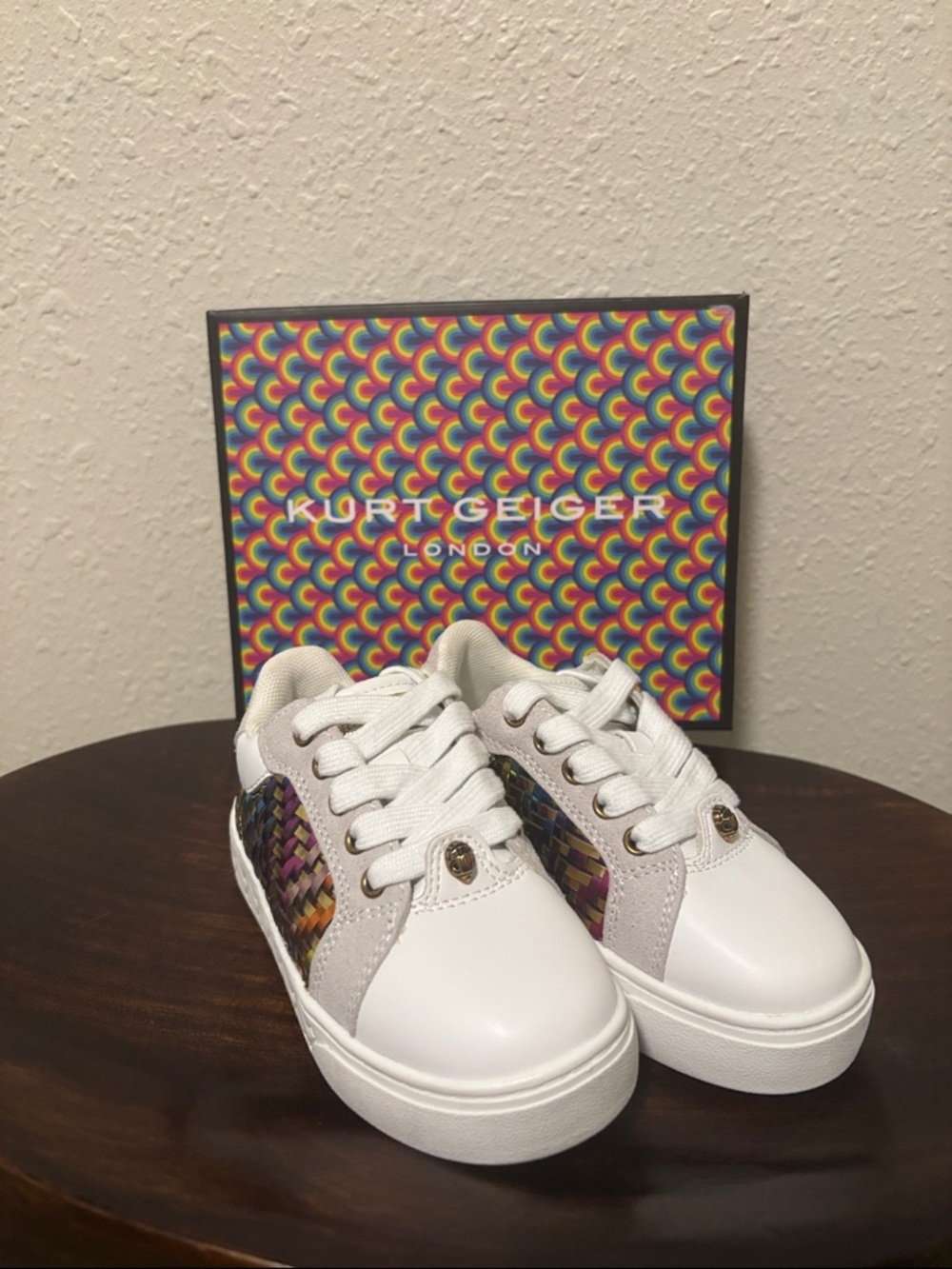 Kurt Geiger Kids White Leather Sneakers with Multicolor Woven Panels